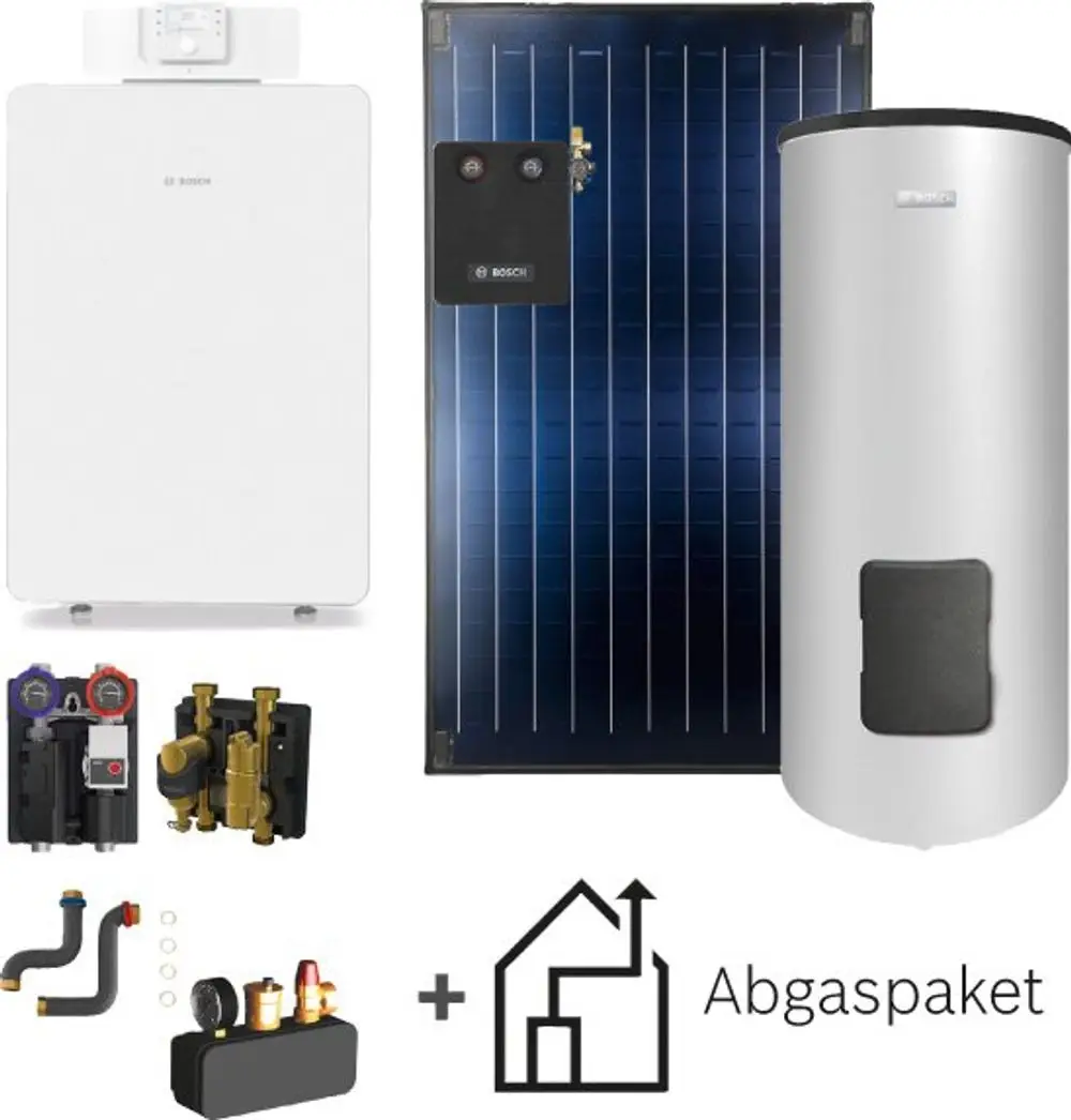 Bosch Heizungs- und Solartechnik-Paket mit Gastherme, Solarkollektoren, Warmwasserspeicher und Installationszubehör. Komponenten sind klar auf dem Bild erkennbar.